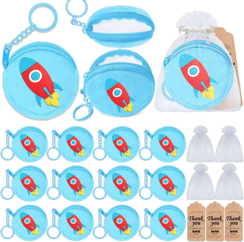 Elecrainbow 36 Pack Rocket Change Purses Set Include 12 Wallets with Keyring,12 Thank YouTags and 12 Organza Bag for Outer Space Science Fiction Themed Party, Kids Baby Shower Birthday Decor, Blue - Image 1